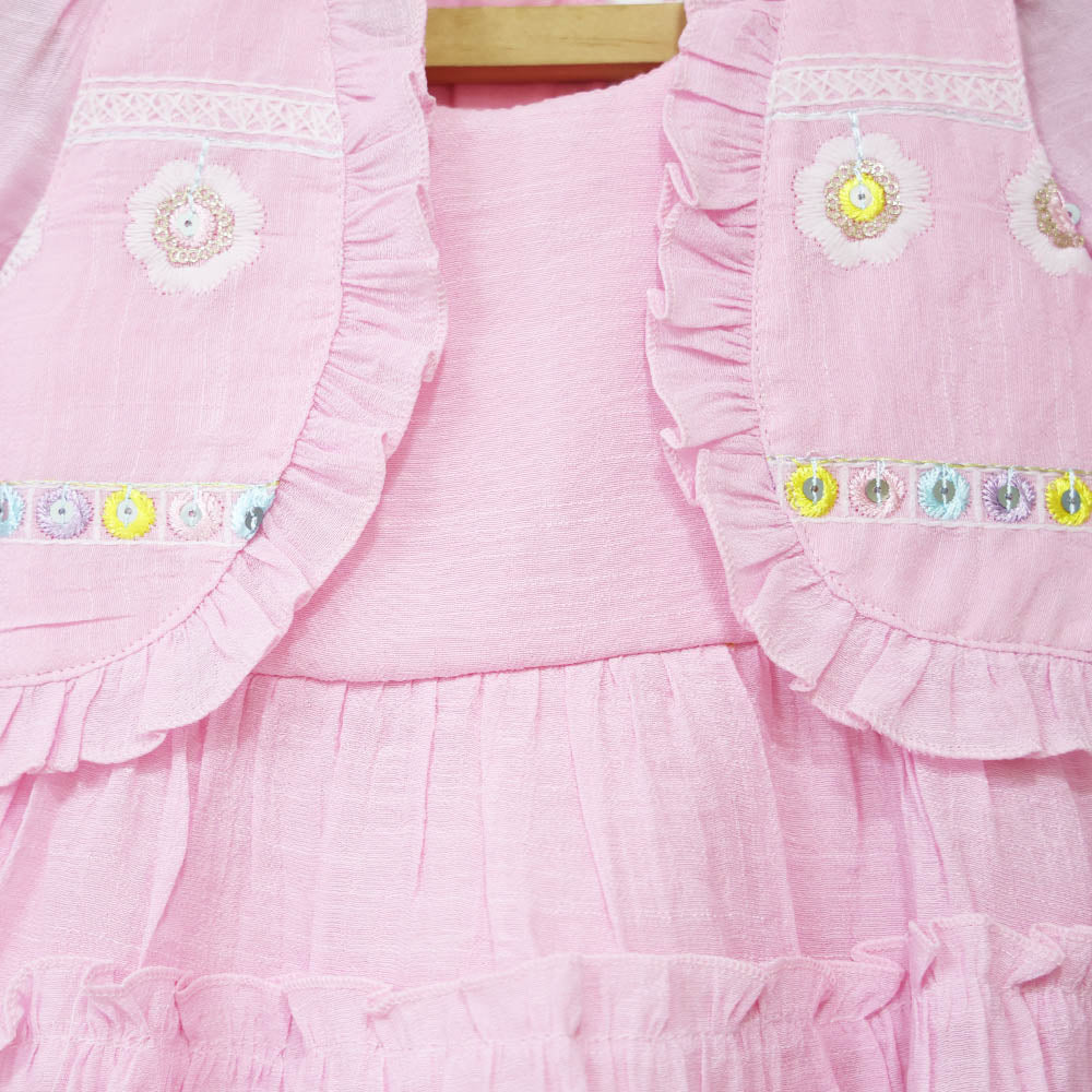 Pink Embroidered Full Sleeves Dress With Jacket