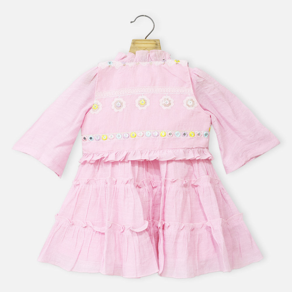 Pink Embroidered Full Sleeves Dress With Jacket