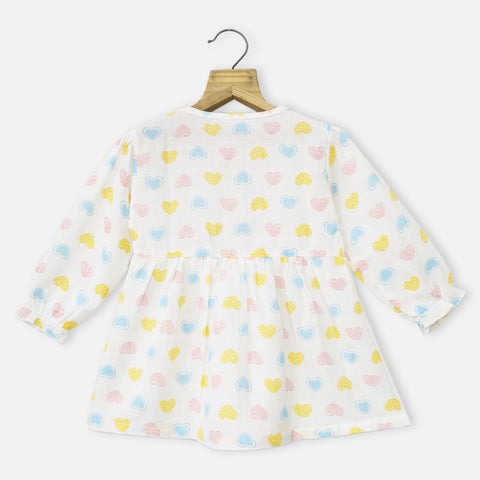 White Heart Printed Full Sleeves Dress
