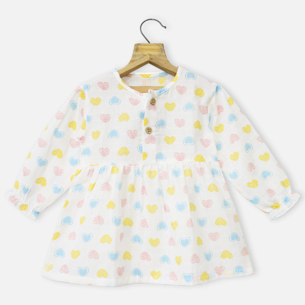 White Heart Printed Full Sleeves Dress