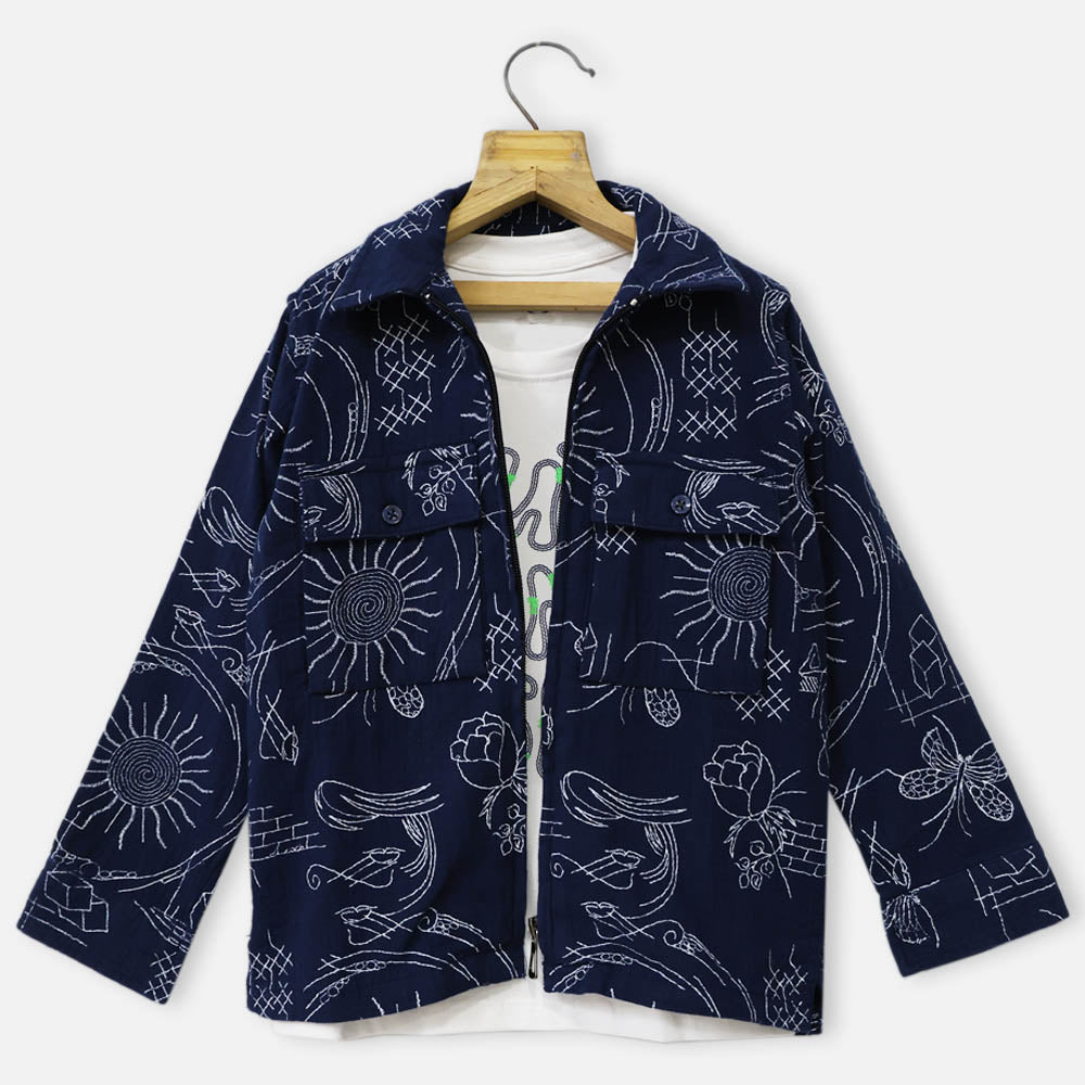 Navy Graphic Printed Jacket With White T-Shirt