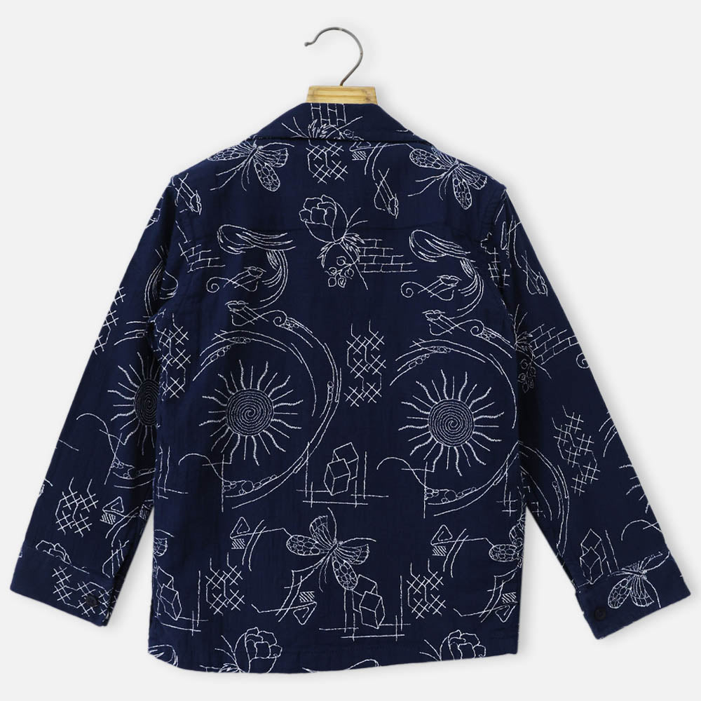 Navy Graphic Printed Jacket With White T-Shirt