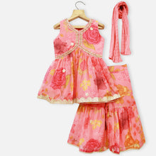 Load image into Gallery viewer, Pink Floral Embroidered Kurta With Sharara &amp; Dupatta
