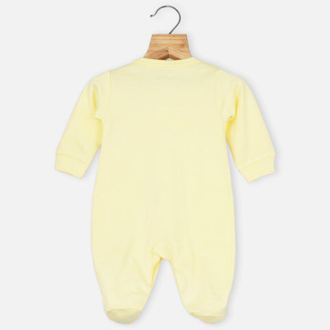 Yellow Mom Plus Dad Embroidered Full Sleeves Footsie With Cap