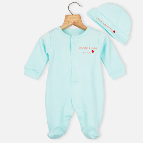Mom Plus Dad Embroidered Full Sleeves Footsie With Cap- Yellow, Blue & Peach