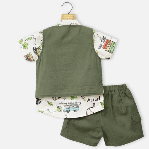 Green Waistcoat With Graphic Printed Shirt & Shorts