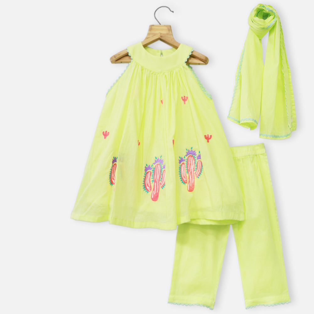 Neon Yellow Prickly Pear Embroidered Cotton Kurta With Pant & Dupatta