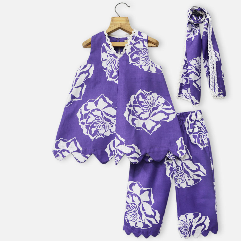 Purple Floral Printed Kurta With Pant & Dupatta