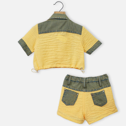 Yellow Denim Collar Neck Crop Top With Shorts Co-Ord Set