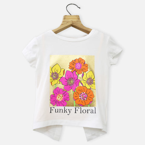 Navy & White Flora Printed Cotton Half Sleeves T-Shirt