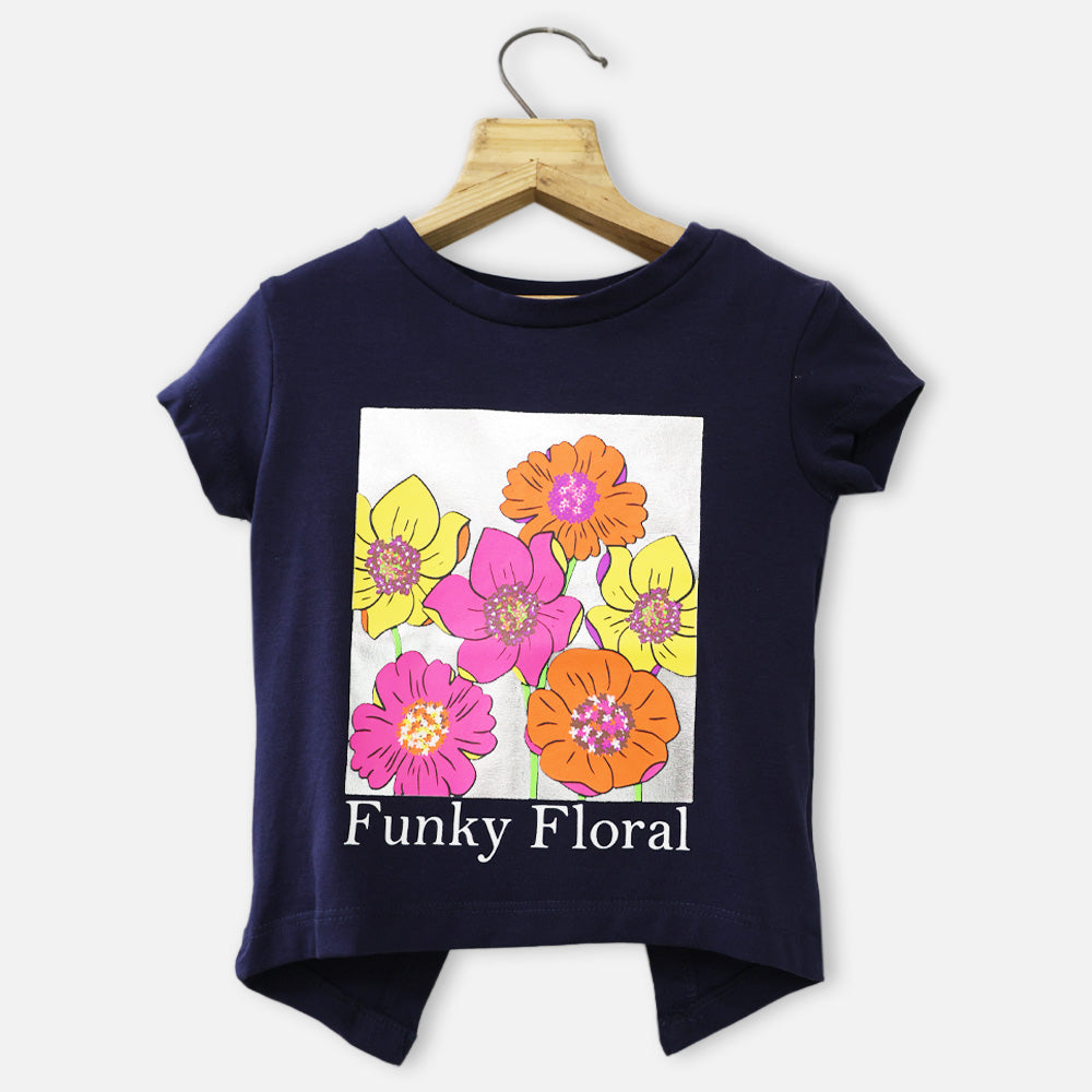 Navy & White Flora Printed Cotton Half Sleeves T-Shirt