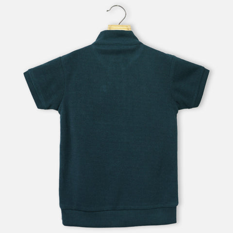 Green Half Sleeves Mandarin Collar T-Shirt