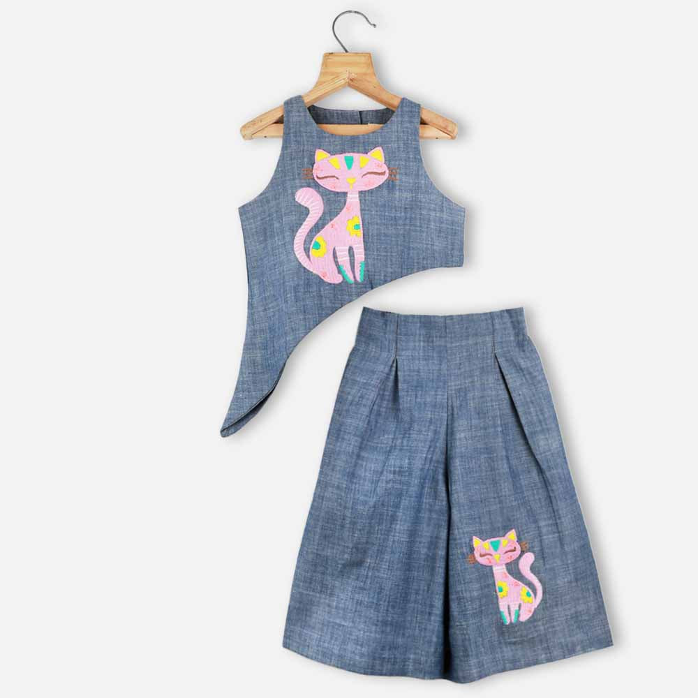 Blue Kitty Embroidered Co-Ord Set