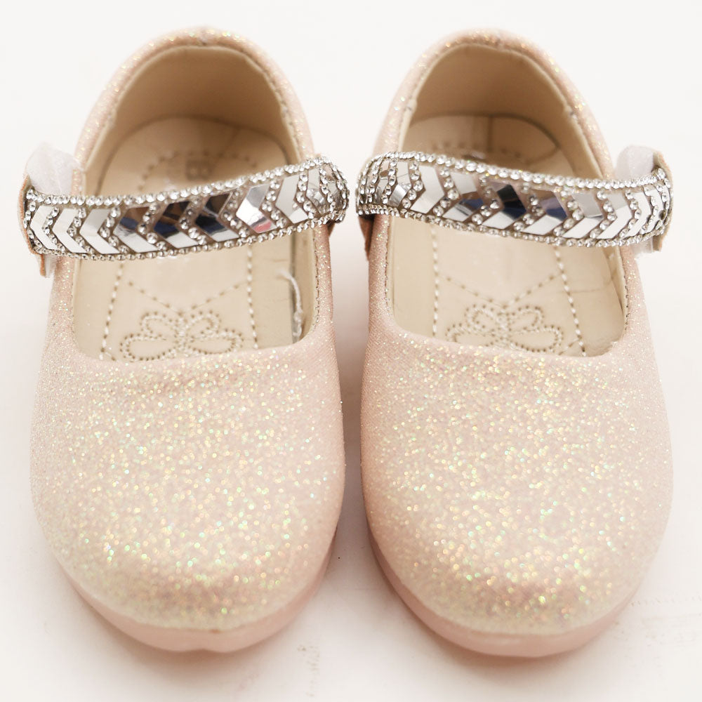 Peach & White Embellished Ballerina With Velcro Strap