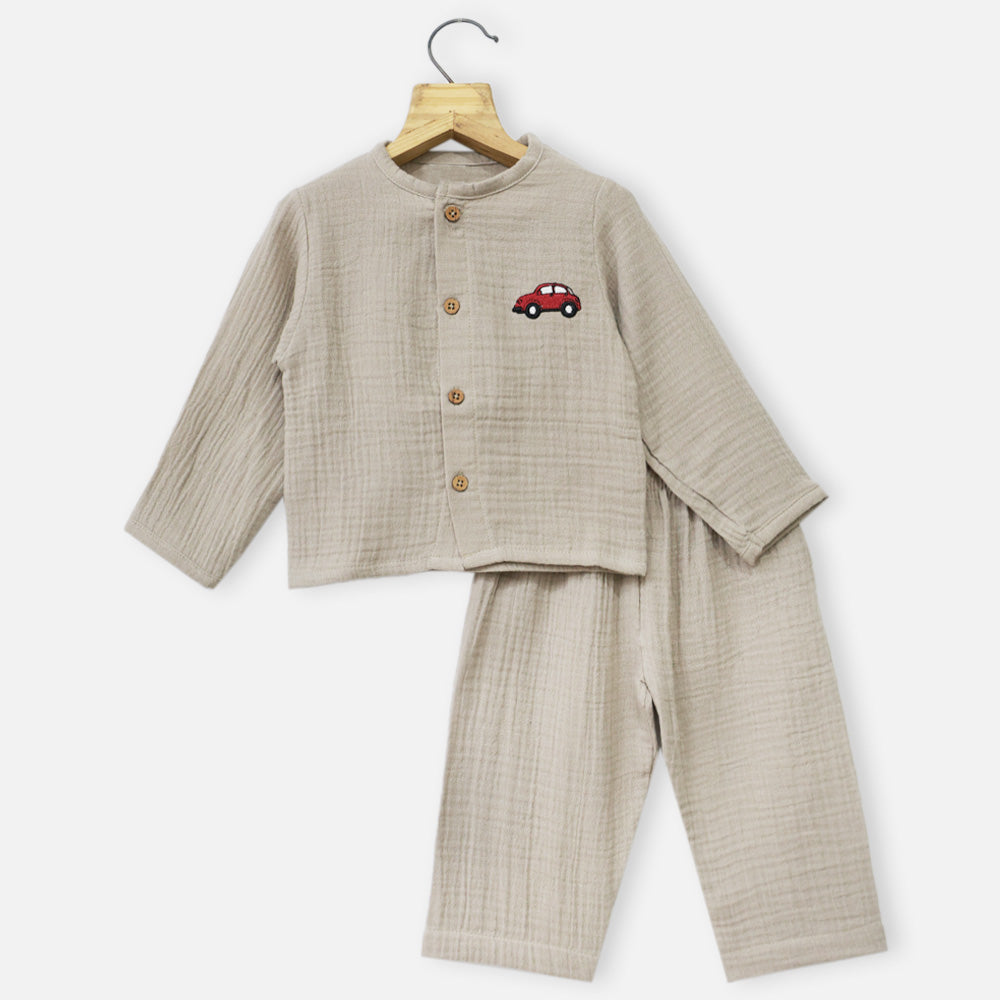 Beige Full Sleeves Muslin Night Suit