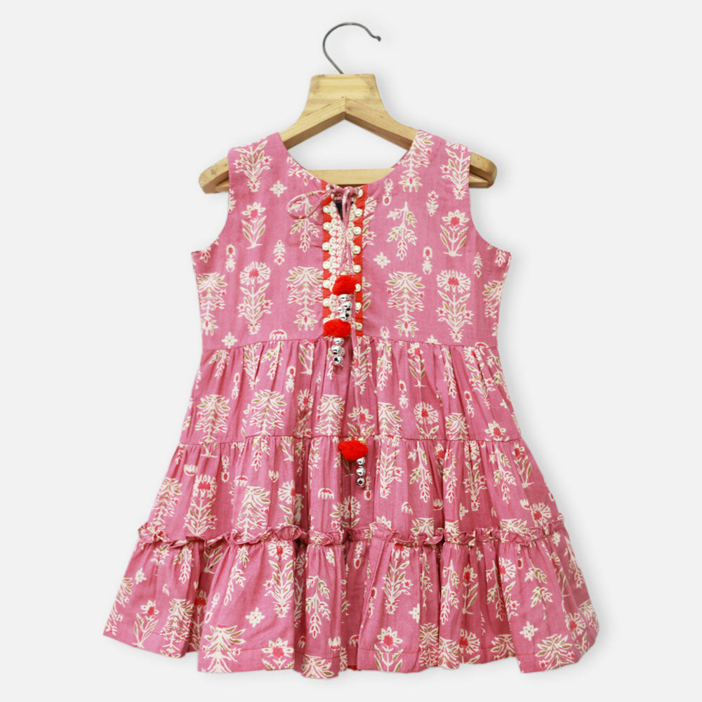 Pink Tiered Cotton Kurta With Flared Palazzo & Dupatta