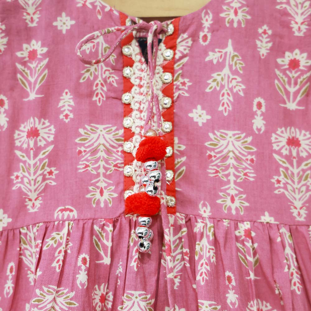 Pink Tiered Cotton Kurta With Flared Palazzo & Dupatta