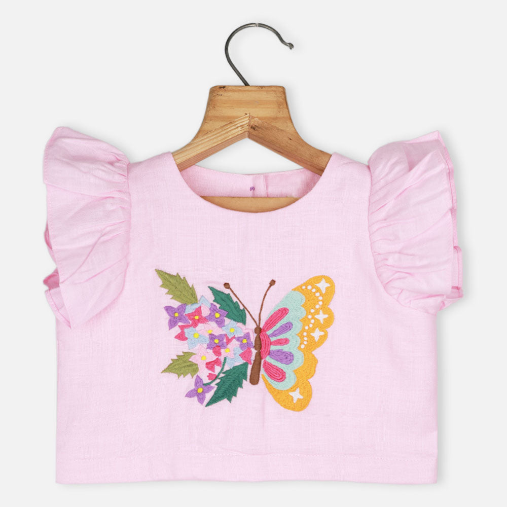 Pink Butterfly Embroidered Top With Palazzo Co-Ord Set