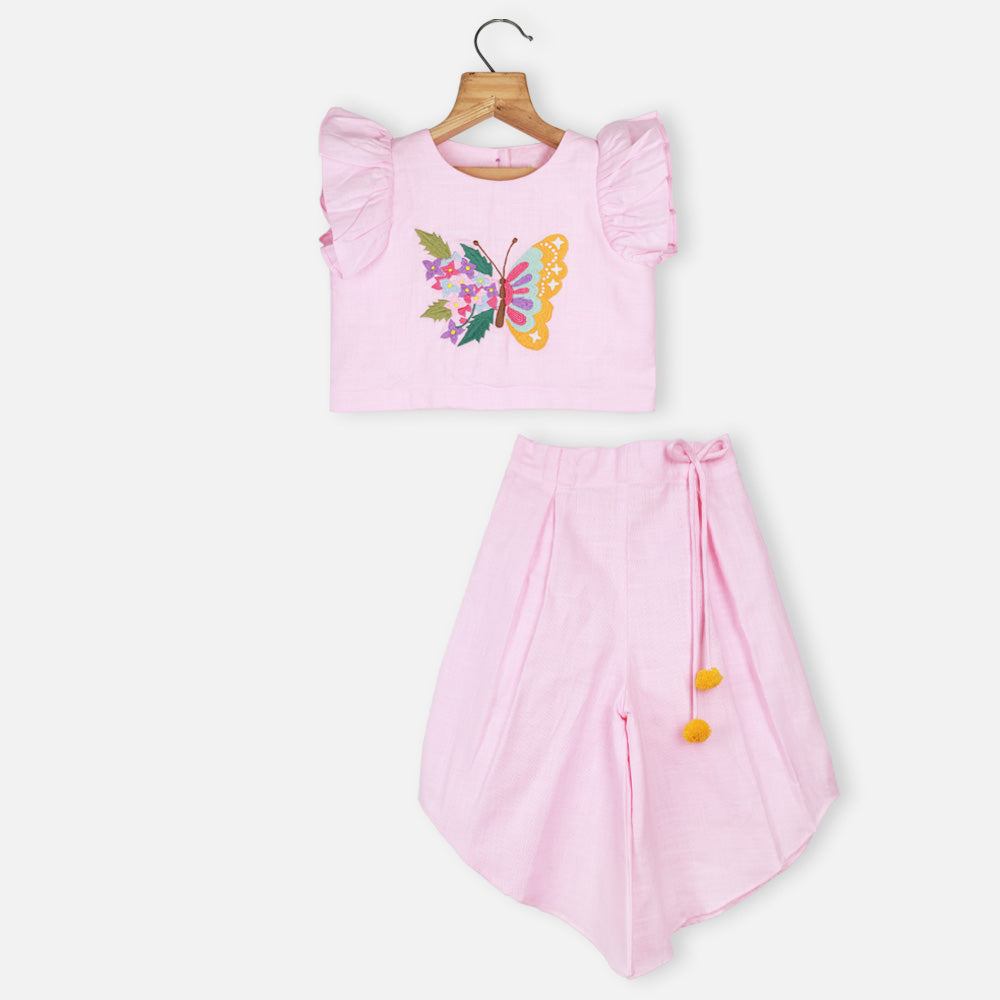 Pink Butterfly Embroidered Top With Palazzo Co-Ord Set