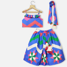 Load image into Gallery viewer, Blue Chevron Printed Cotton Choli With Lehenga &amp; Dupatta
