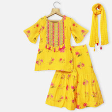 Load image into Gallery viewer, Yellow Floral Kurta With Sharara &amp; Dupatta
