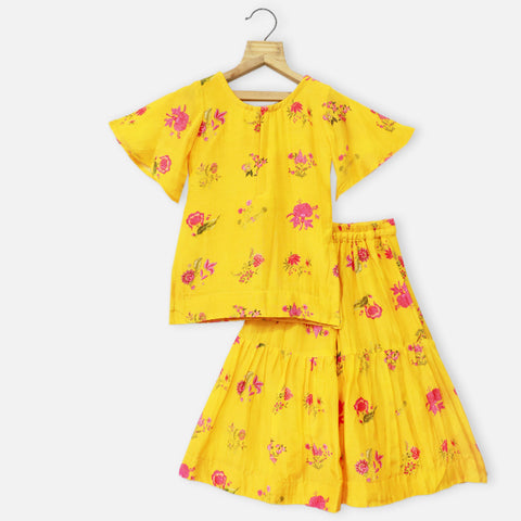 Yellow Floral Kurta With Sharara & Dupatta