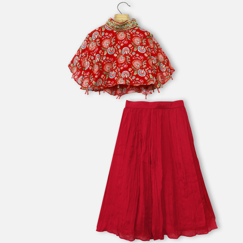 Red Embroidered Cape Top With Flared Palazzo