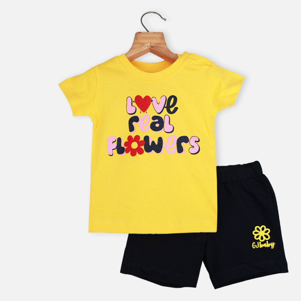 Yellow Typographic Half Sleeves Top With Black Shorts