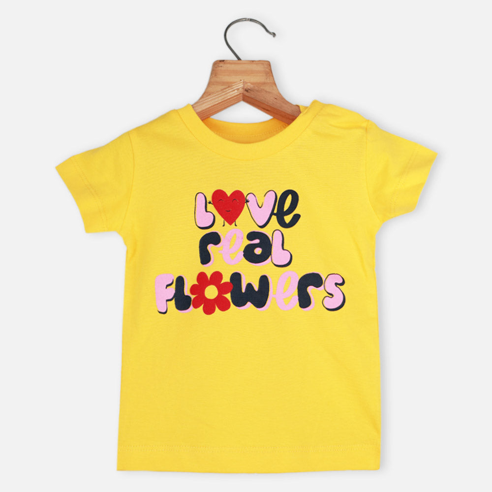 Yellow Typographic Half Sleeves Top With Black Shorts