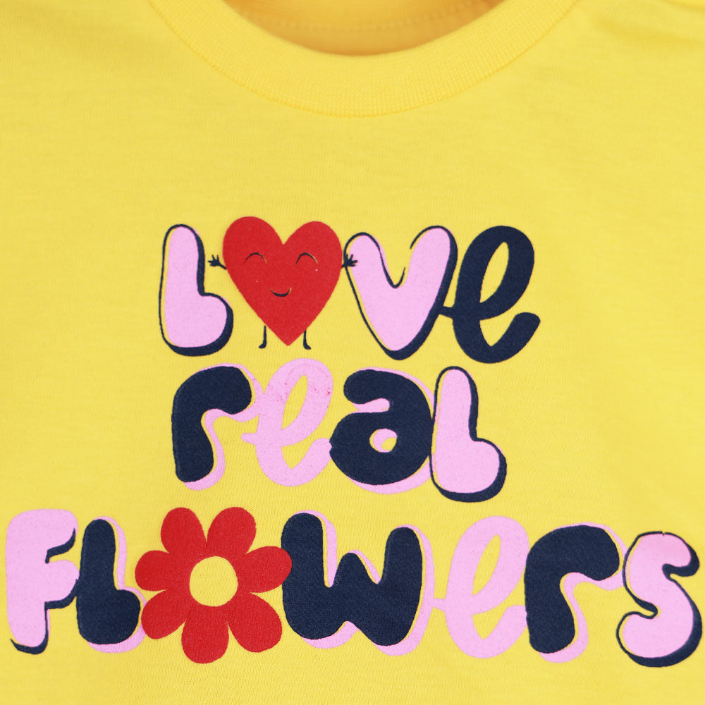 Yellow Typographic Half Sleeves Top With Black Shorts