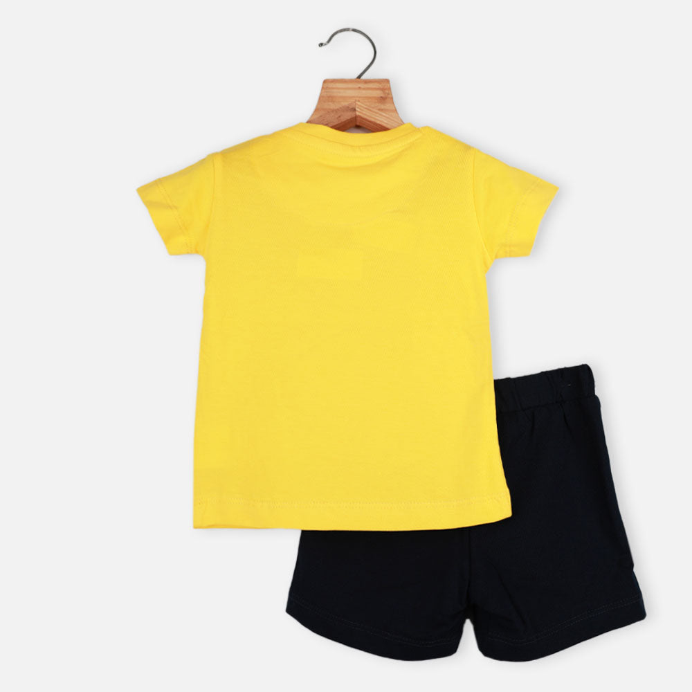Yellow Typographic Half Sleeves Top With Black Shorts