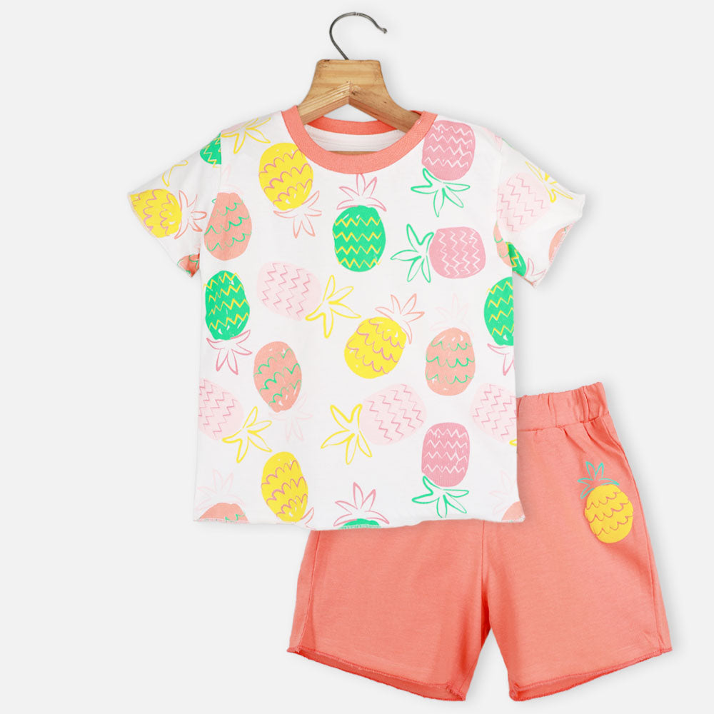 White Pineapple Theme Top With Peach Shorts