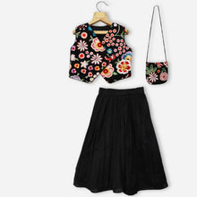 Load image into Gallery viewer, Black Embroidered Crop Top With Palazzo &amp; Sling Bag
