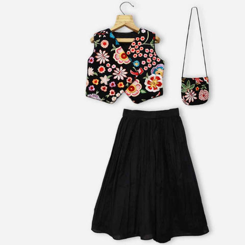 Black Embroidered Crop Top With Palazzo & Sling Bag