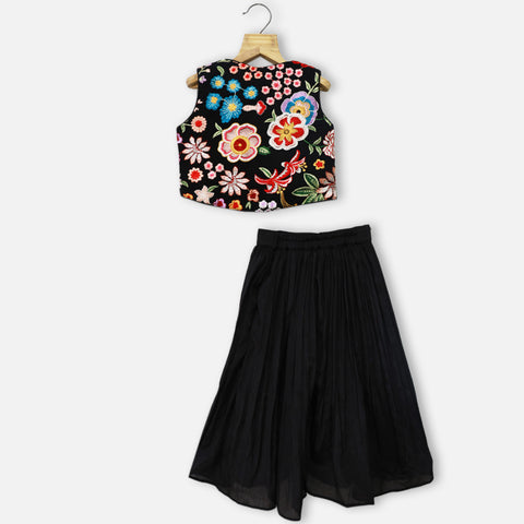 Black Embroidered Crop Top With Palazzo & Sling Bag