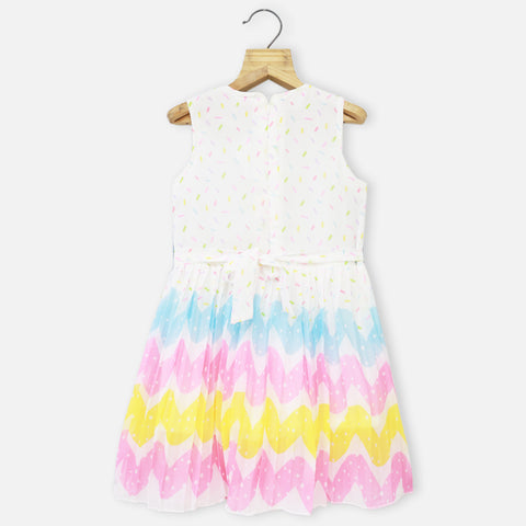 White Chevron Printed Pleated Dress