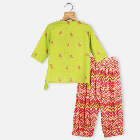 Green Embroidered High Low Kurta With Pink Pleated Salwar