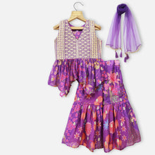 Load image into Gallery viewer, Purple Embroidered Peplum Top With Sharara &amp; Dupatta
