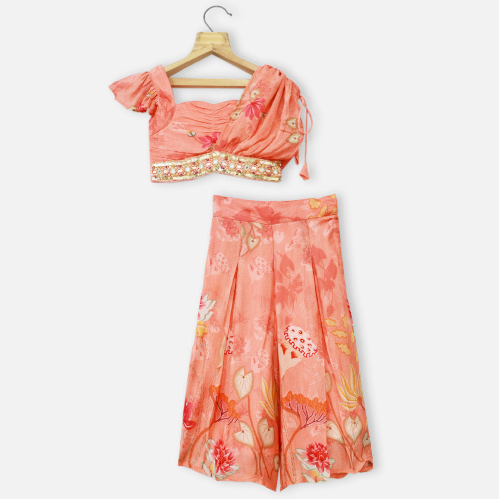 Peach Floral Embroidered Crop Top With Palazzo