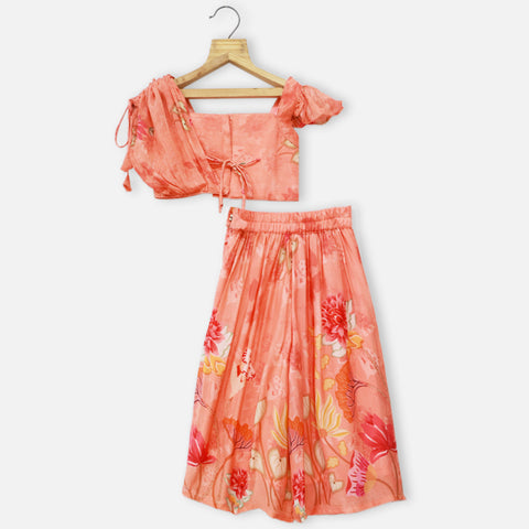 Peach Floral Embroidered Crop Top With Palazzo