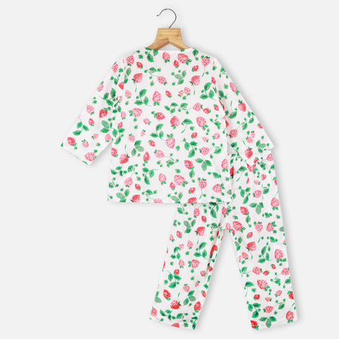 White Strawberry Printed Full Sleeves Night Suit
