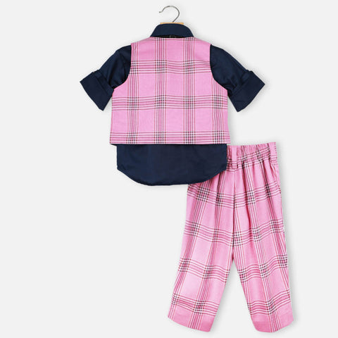 Pink Plaid Checked Waistcoat With Blue Shirt & Pant