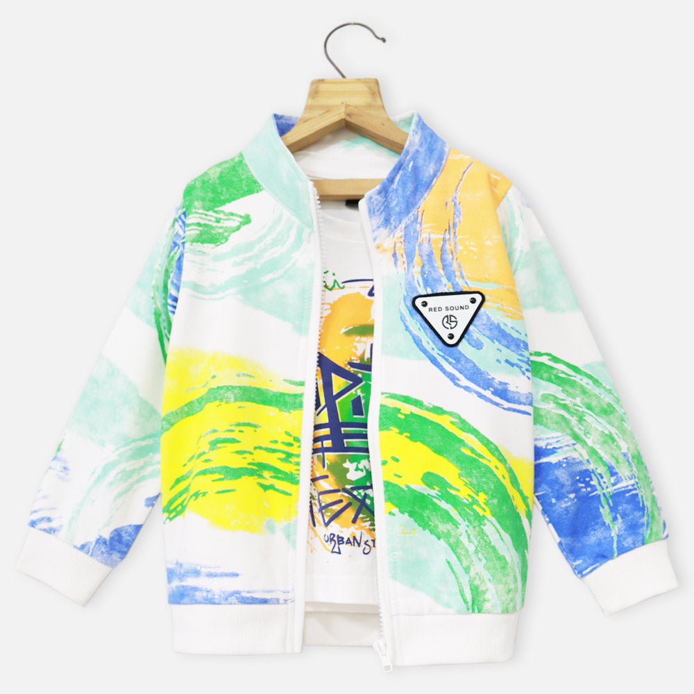 White Abstract Printed Jacket With T-Shirt