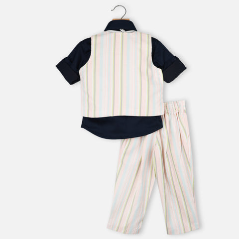 Peach Striped Printed Waistcoat With Navy Blue Shirt & Pant