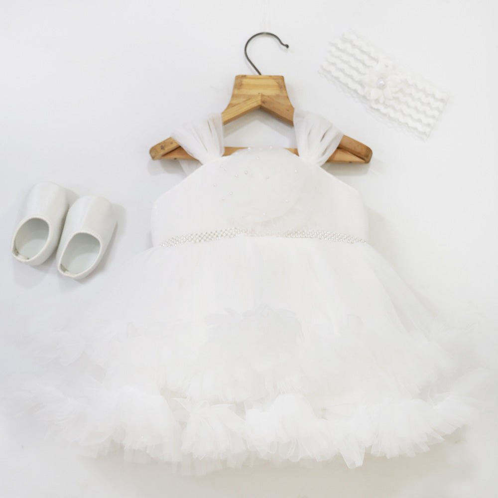 White Ruffled Hem Party Dress With Booties & Headband