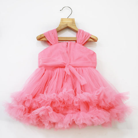 Pink Flower Embellished Party Dress With Booties & Headband