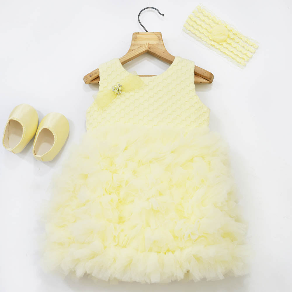 Yellow Ruffled Party Dress With Booties & Headband