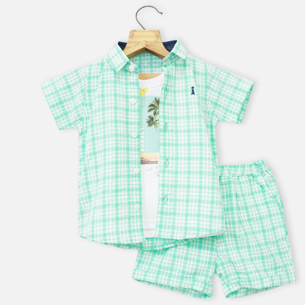 Mint Checked Shirt With Shorts & White T-Shirt