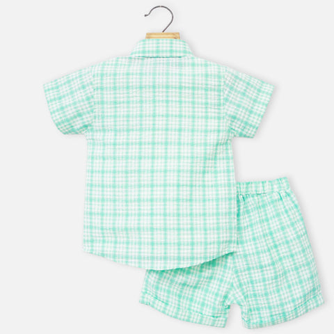 Mint Checked Shirt With Shorts & White T-Shirt