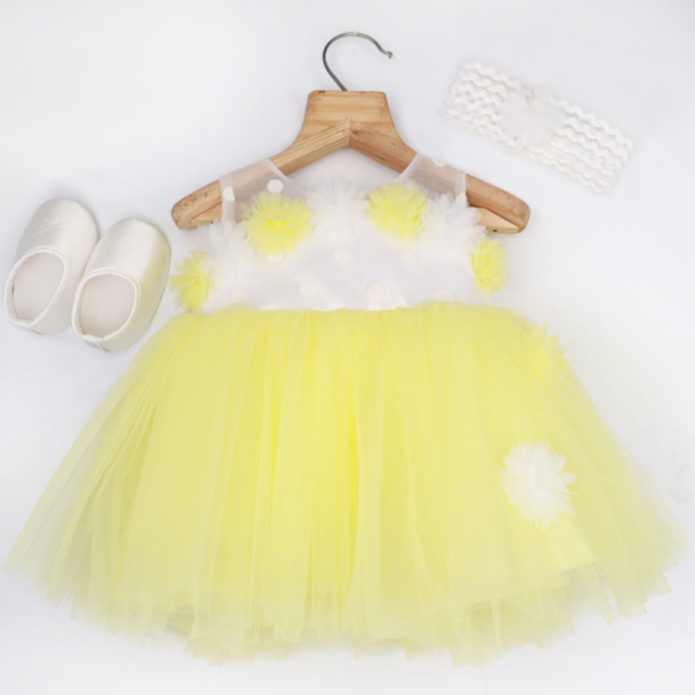 Yellow Flower Embellished Party Frock With Booties & Headband